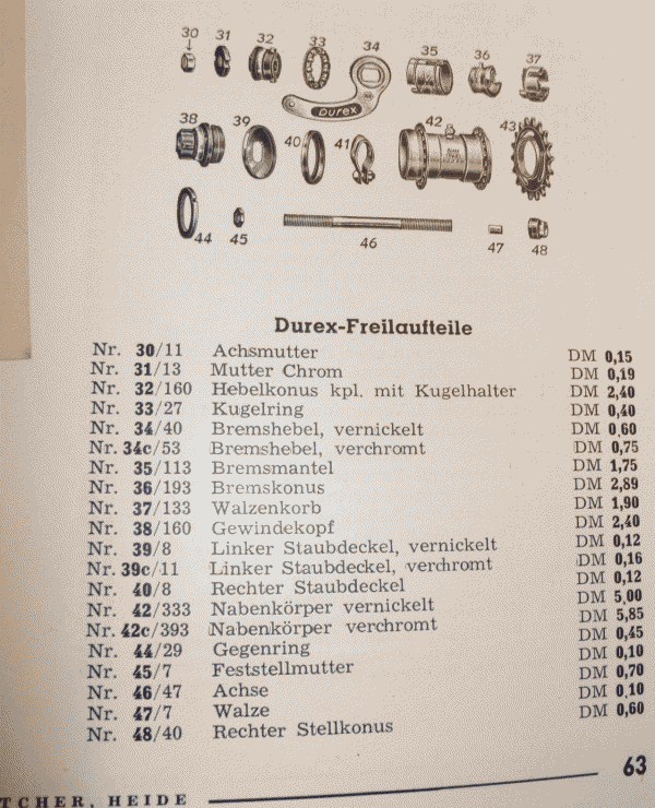 Explosionszeichnung und Freilaufteile Durex 1950
