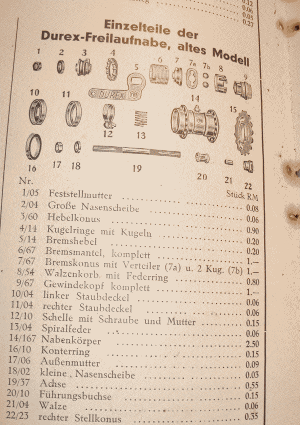 Explosionszeichnung und Freilaufteile Durex vor 1936