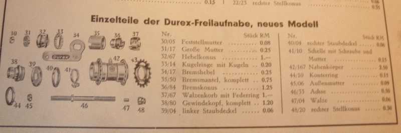 Explosionszeichnung und Freilaufteile Durex nach 1936